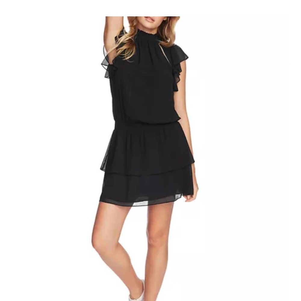 Mock Neck Flutter Black Mini Dress Size M